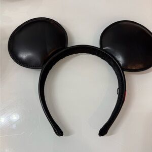 Disney Parks Mickey Mouse Black Leather Ear Headband Red Embroidered Logo
